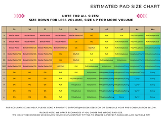 Misses Kisses frontless bra: pad size chart 