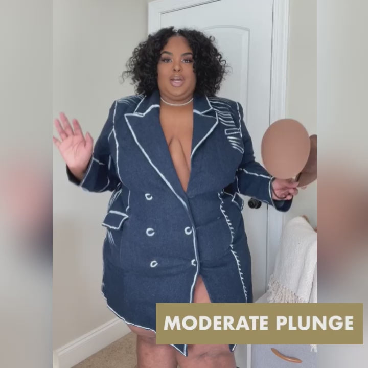 Daquana White demonstrating our Moderate Plunge bra - perfect for any event or party! Daquana is a 44D and reps the bra perfectly!